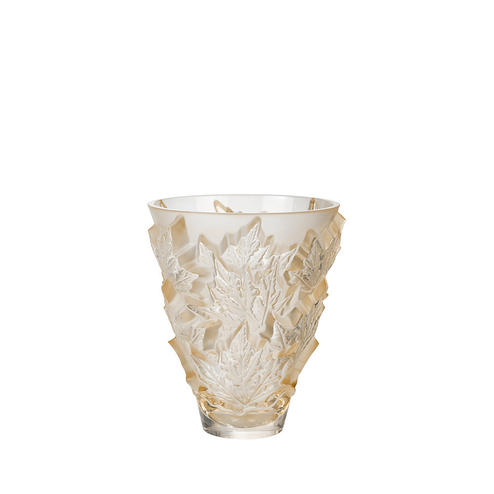 Decorative glass vase with leaf patterns on a white background