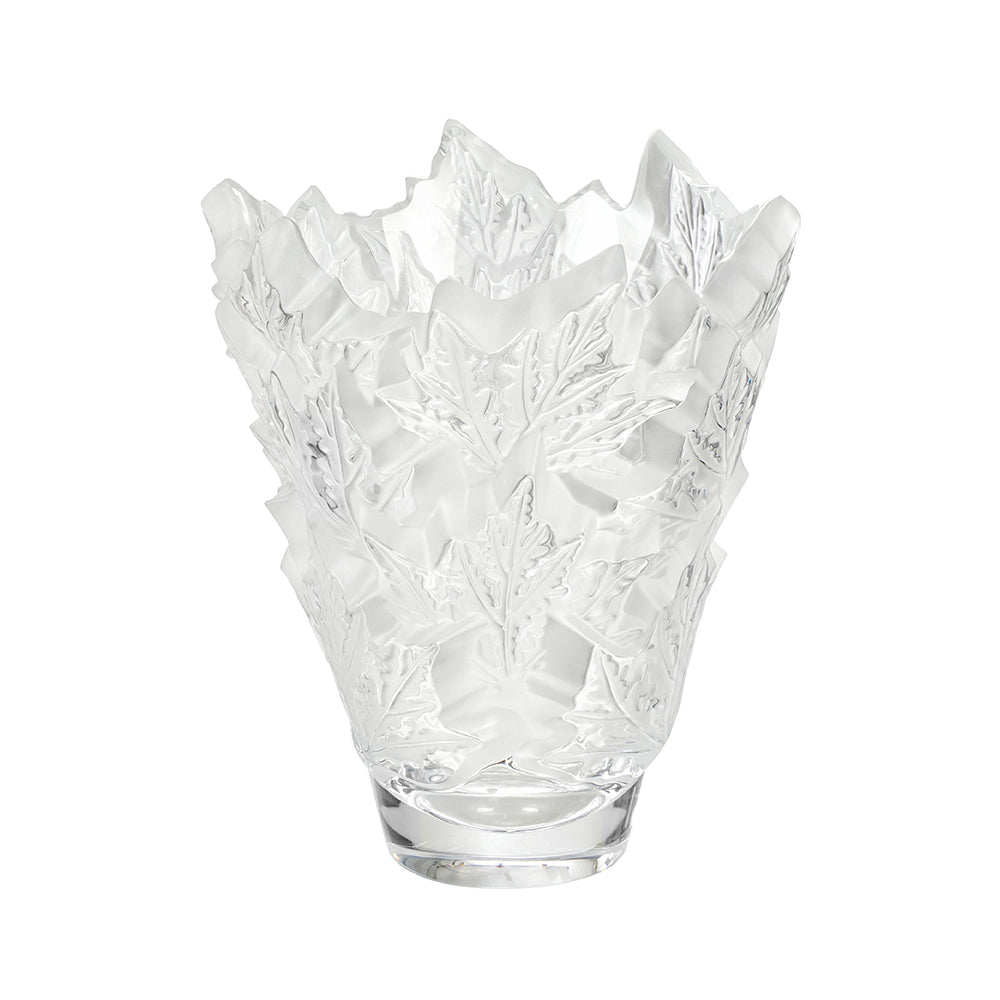 Clear glass vase with intricate cut patterns on a white background