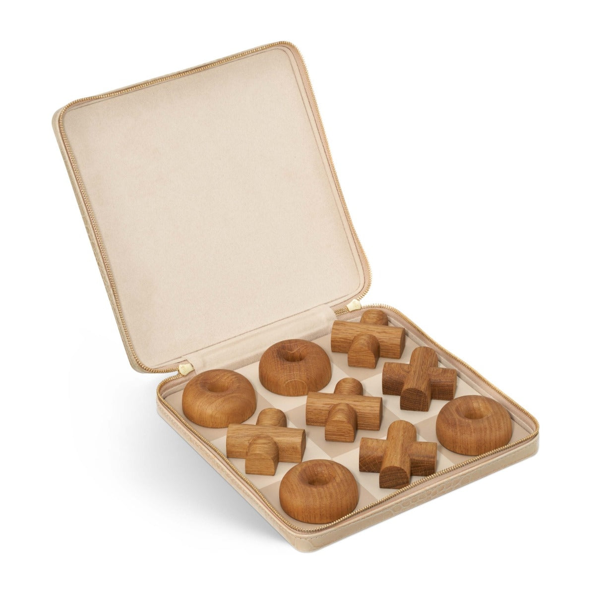 A wooden puzzle game set in an open beige fabric case, featuring donut-shaped and cross-shaped wooden pieces, photographed on a white background.