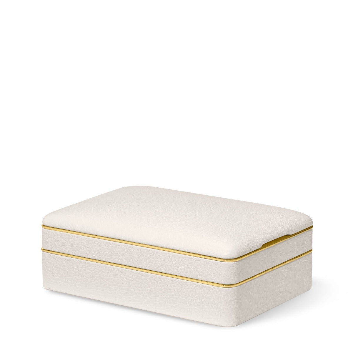 Rectangular white jewelry box with gold trim on a white background
