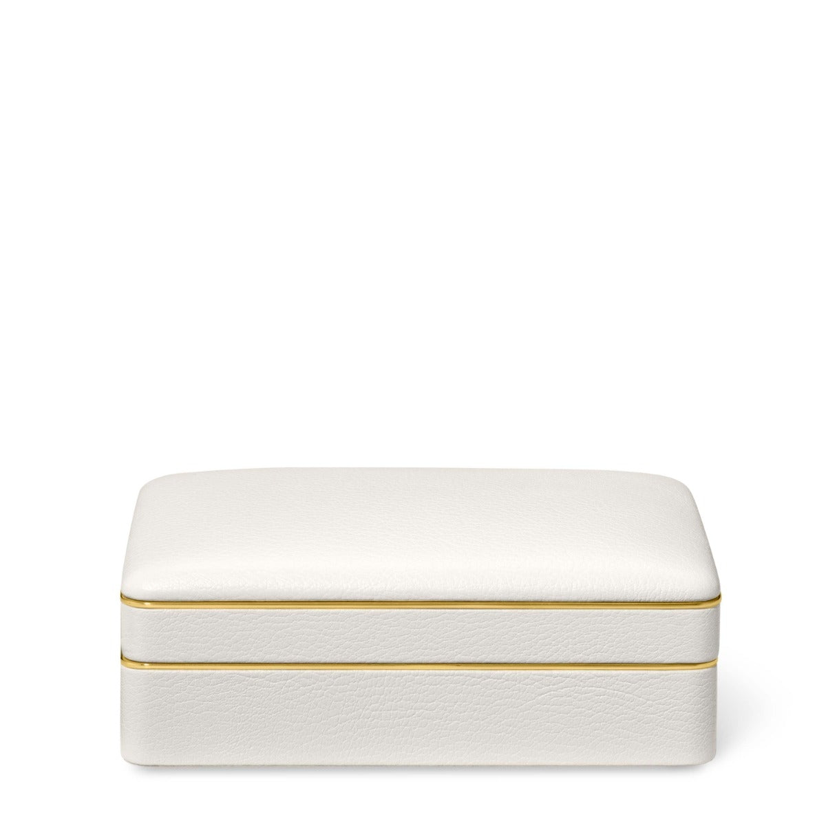 White jewelry box with gold band on a white background