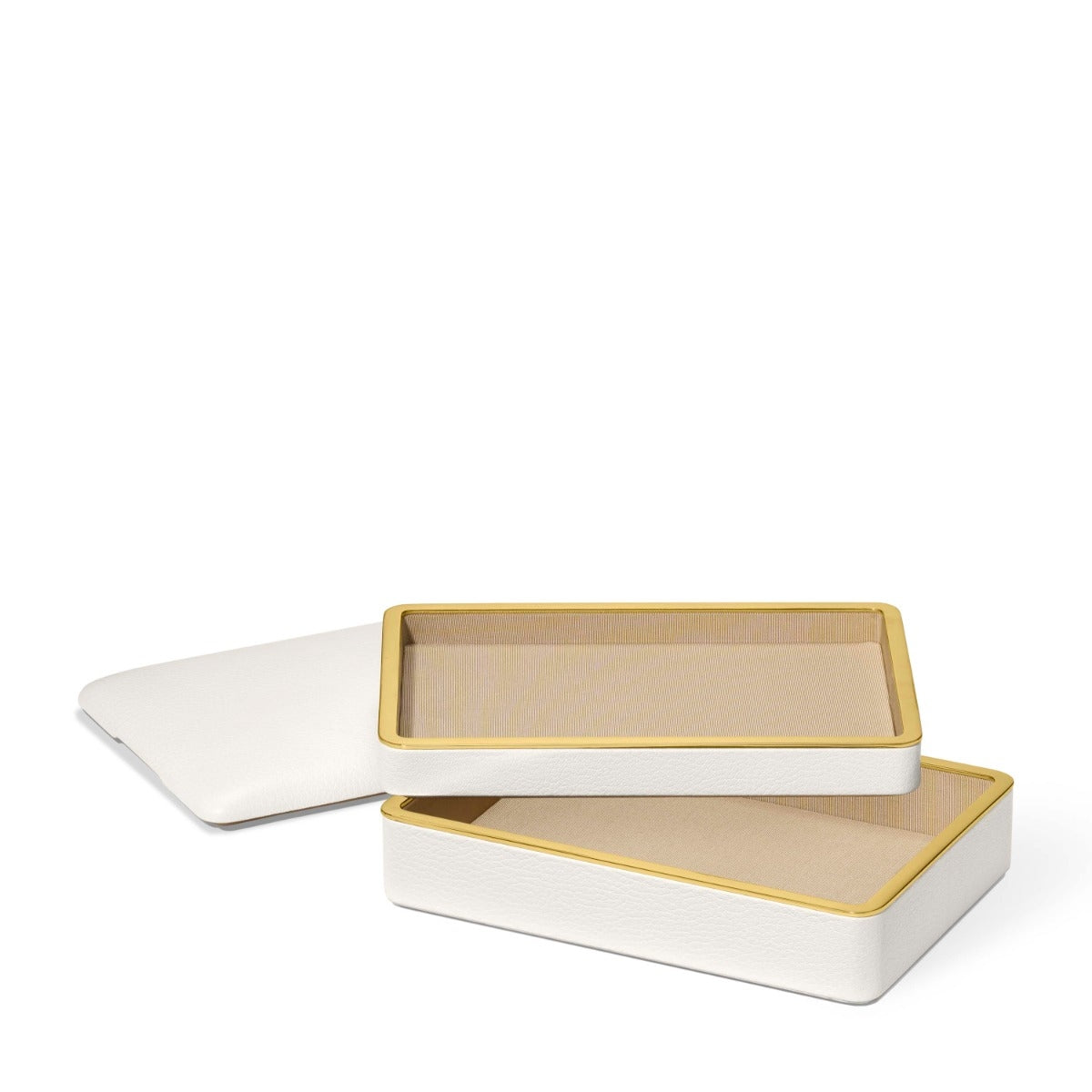 A rectangular jewelry box with a textured off-white exterior, a gold-trimmed open top, and a beige interior, shown with its lid leaning against the base on a white background.