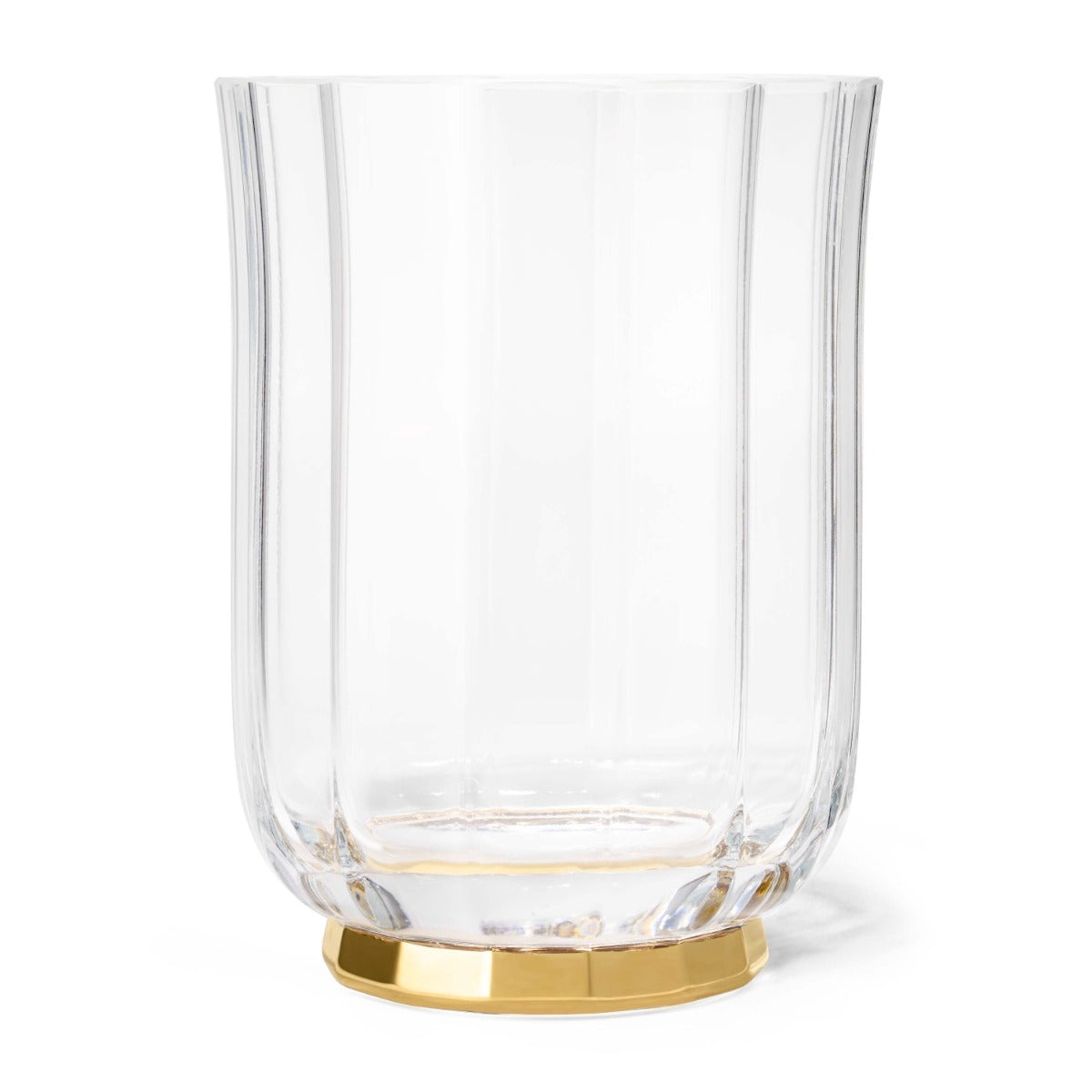 Clear glass vase with a gold base on a white background