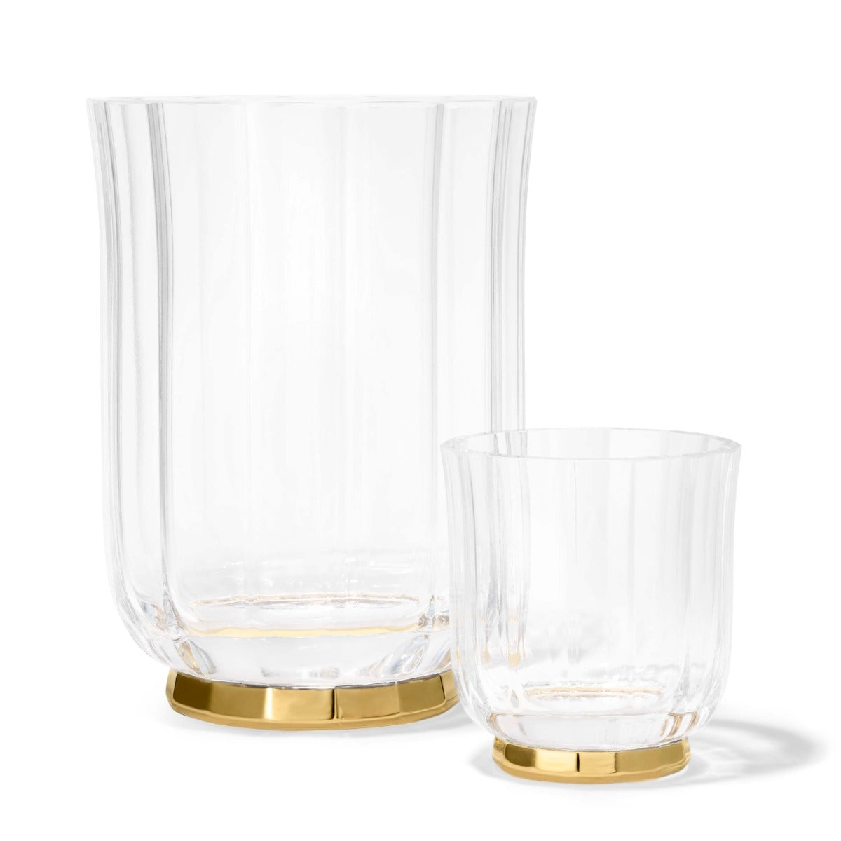 Two clear glass vases with gold bases on a white background
