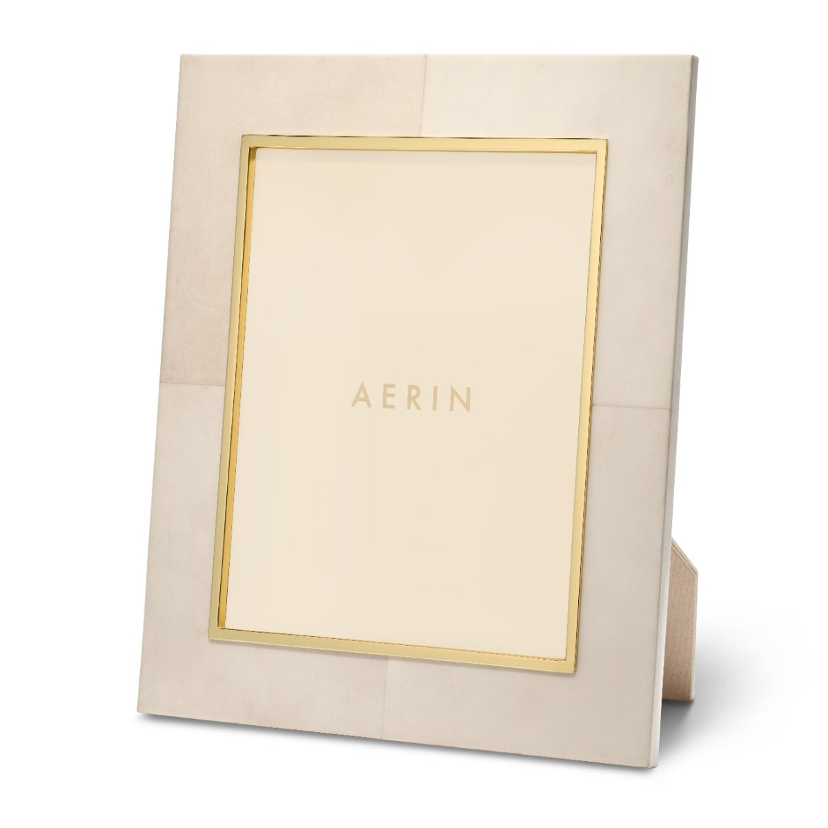 Beige photo frame with gold border on a white background
