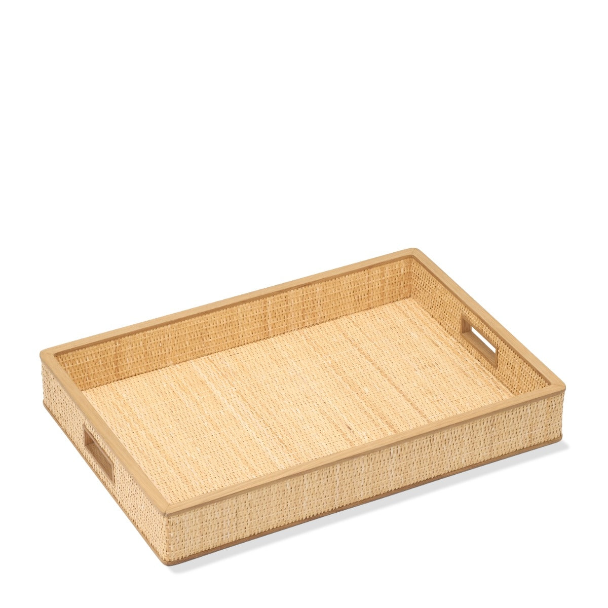 Woven tray with handles on a white background