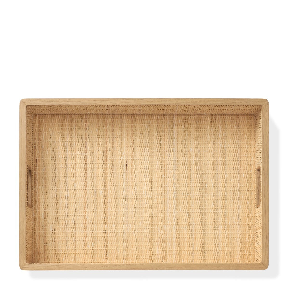 Rectangular wooden tray with woven texture on a white background