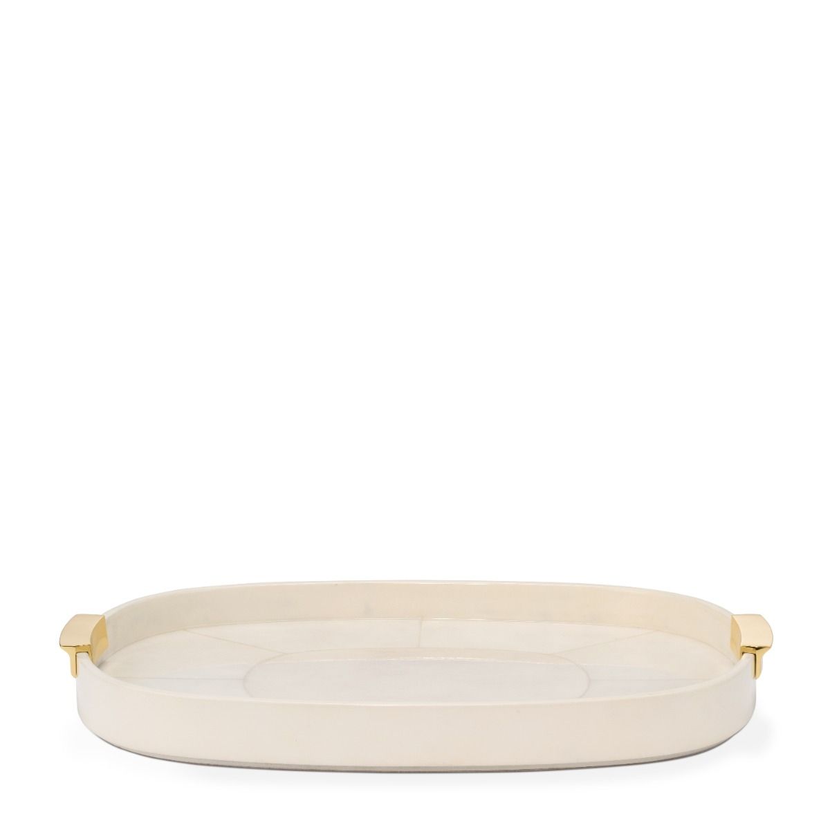 Round beige tray with gold accents on a white background