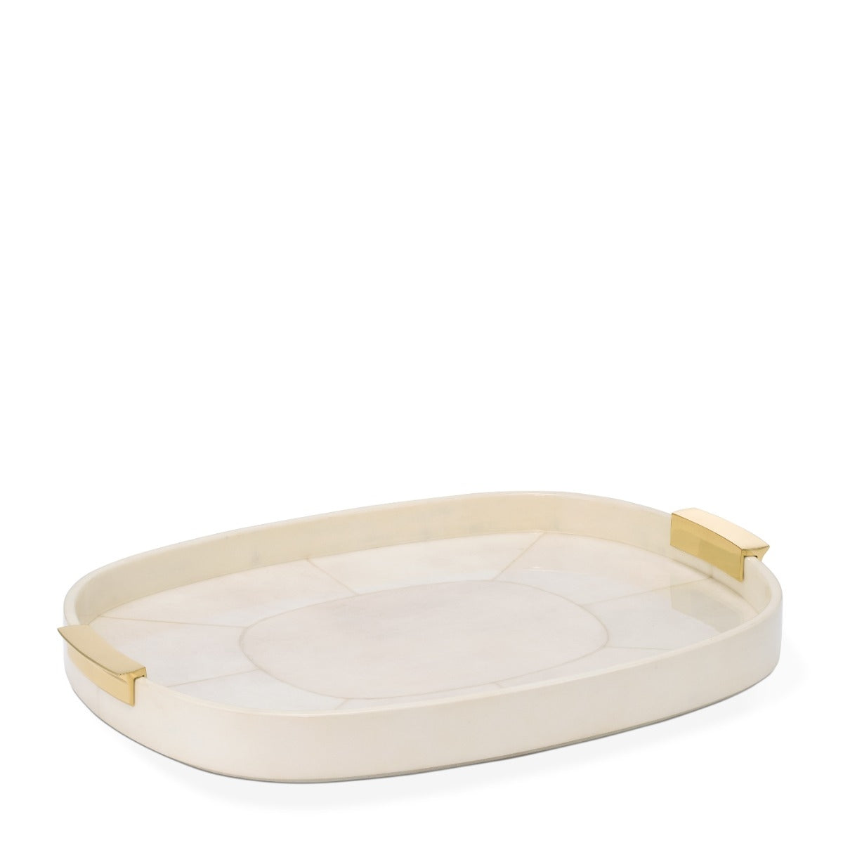 Beige tray with gold handles on a white background
