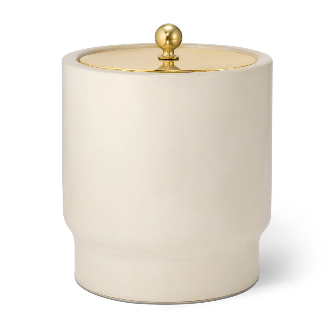 Cream-colored ceramic jar with a gold lid on a white background