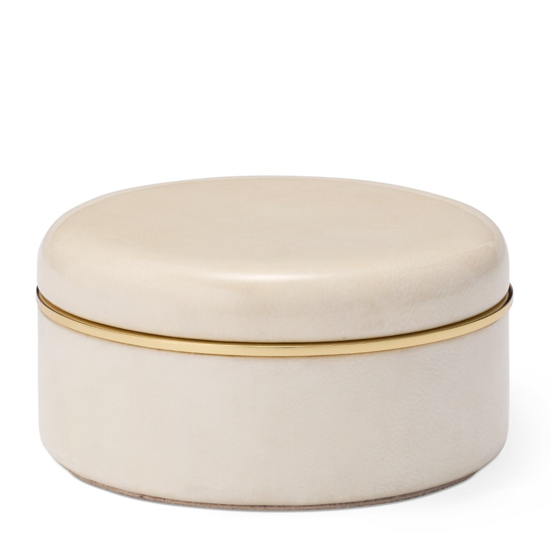 Round beige ceramic box with a gold rim on a white background