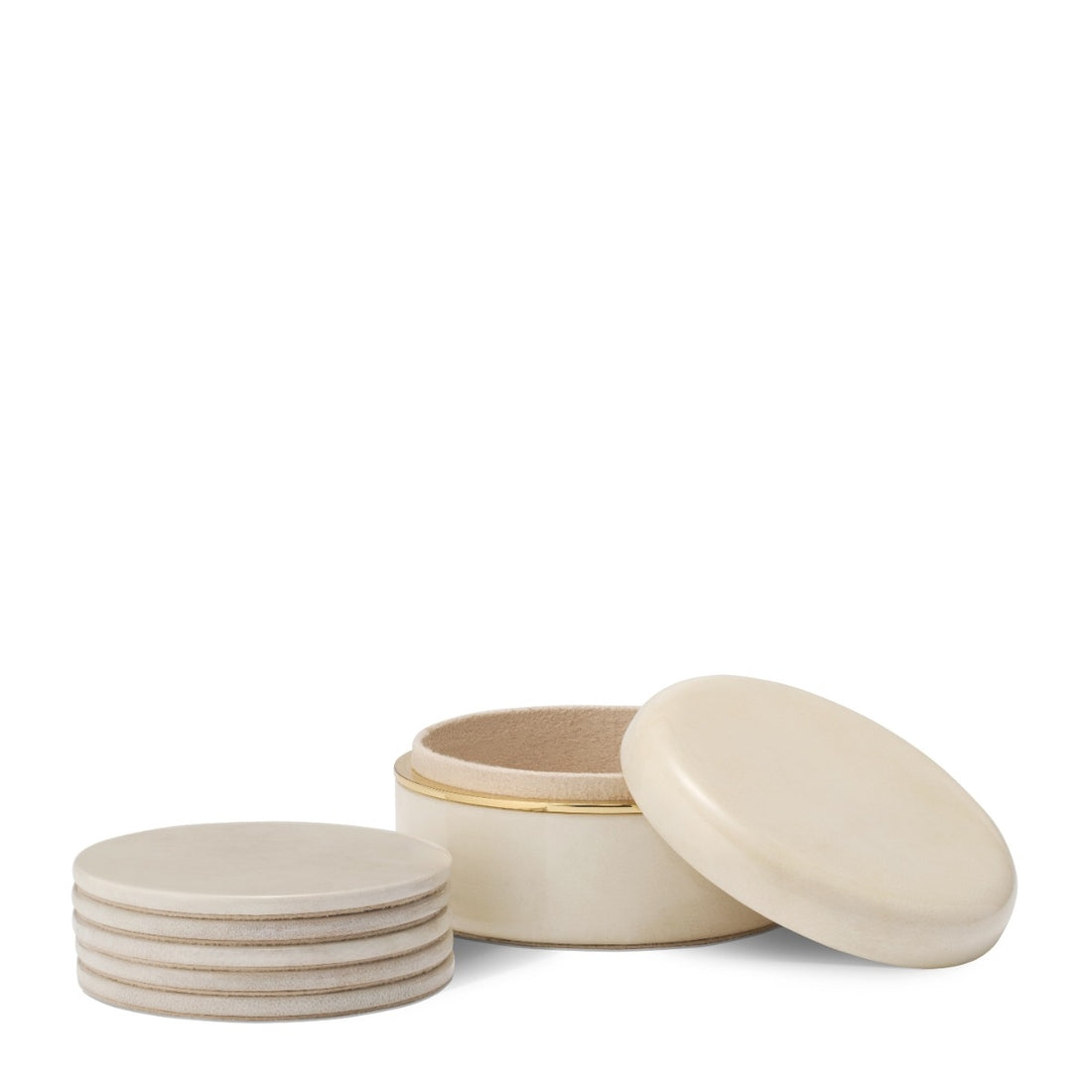 Set of beige ceramic containers with lids on a white background