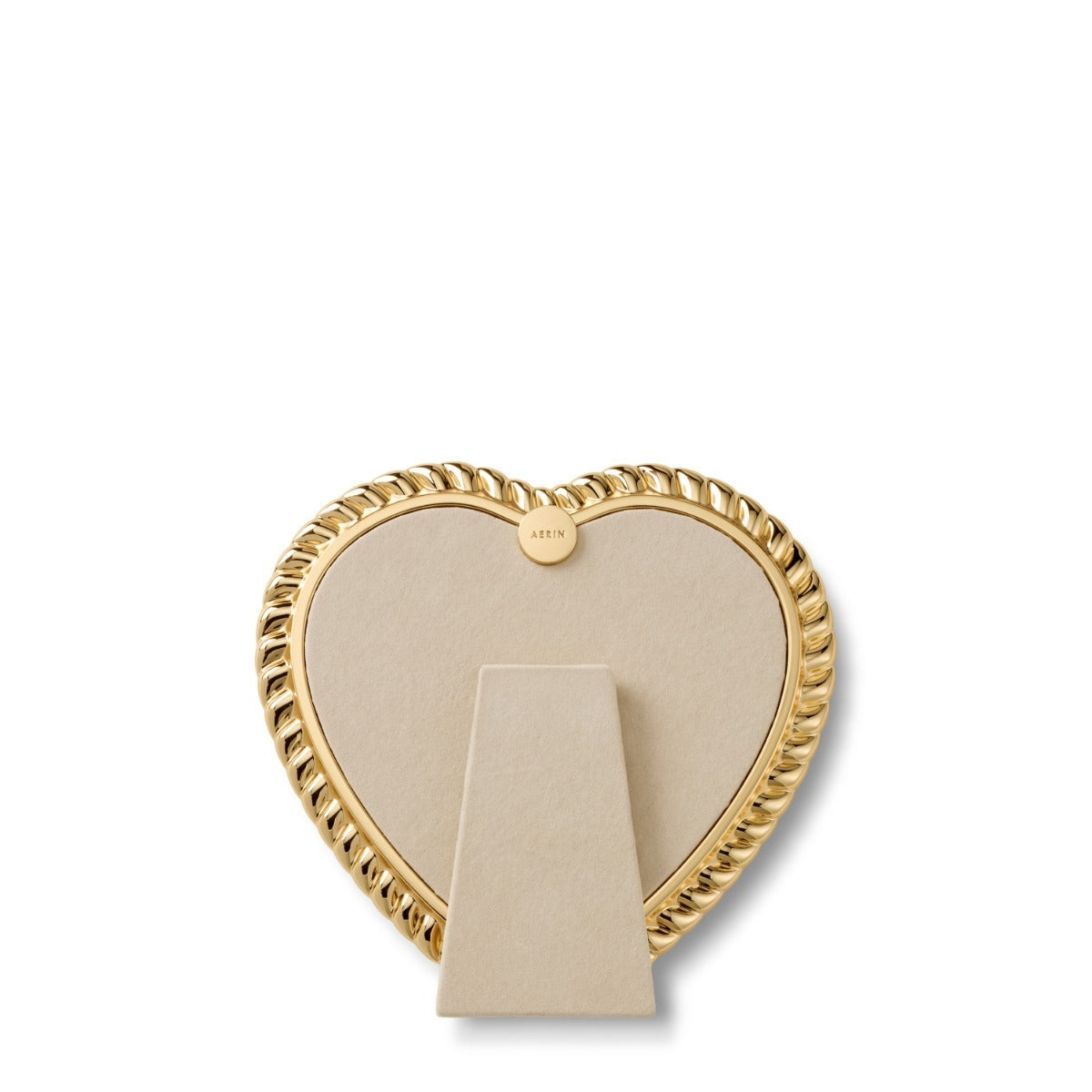 A gold heart-shaped picture frame with a twisted rope border and a beige backing card, shown on a plain white background.