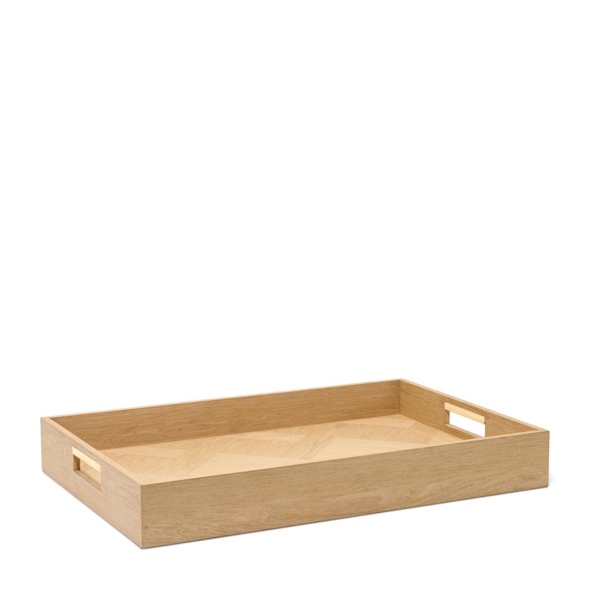A rectangular light oak wood serving tray with two small rectangular cutout handles on the sides, shown on a plain white background.