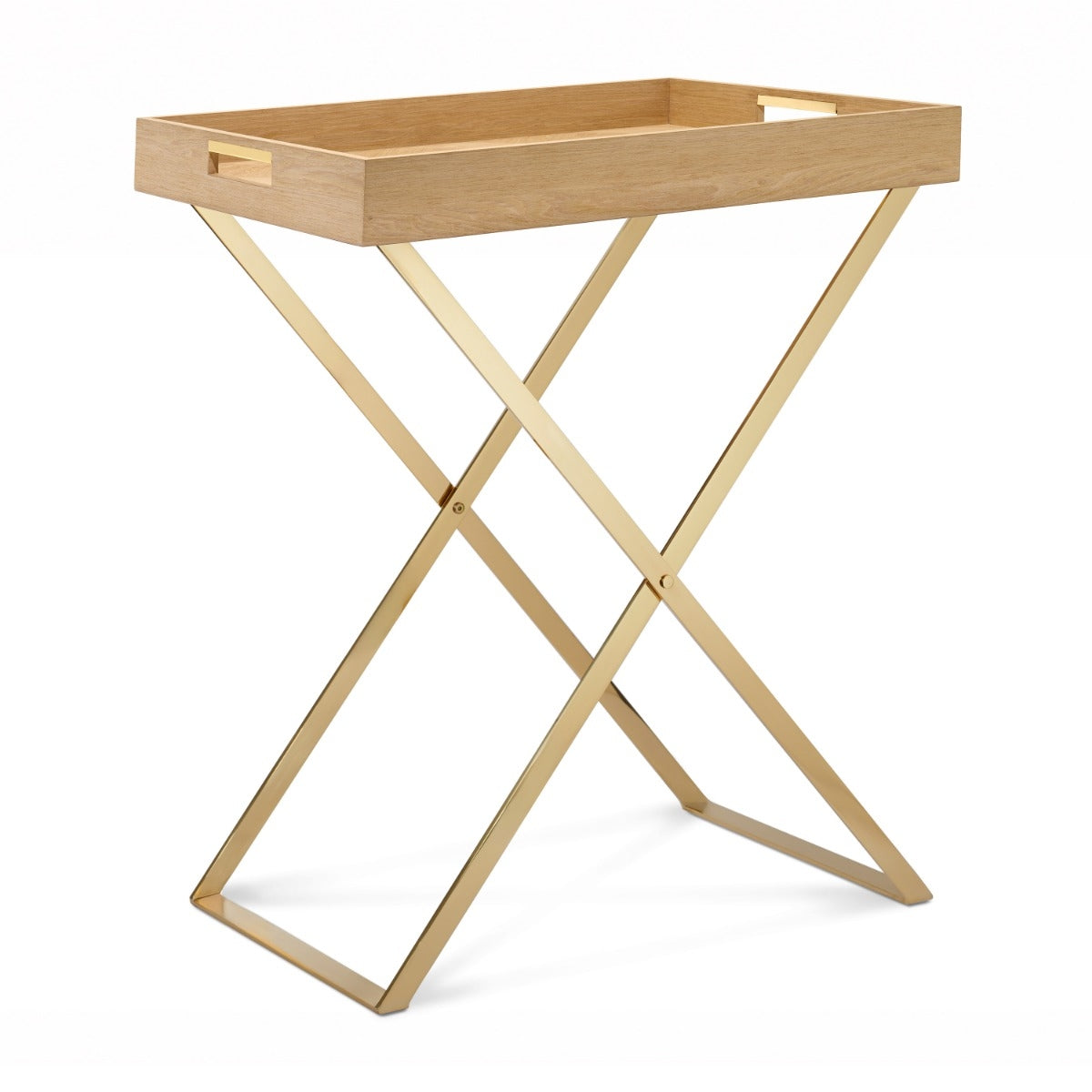 A modern rectangular side table with a light natural wood tray top and a polished gold-finished metal X-frame base, shown on a plain white background.