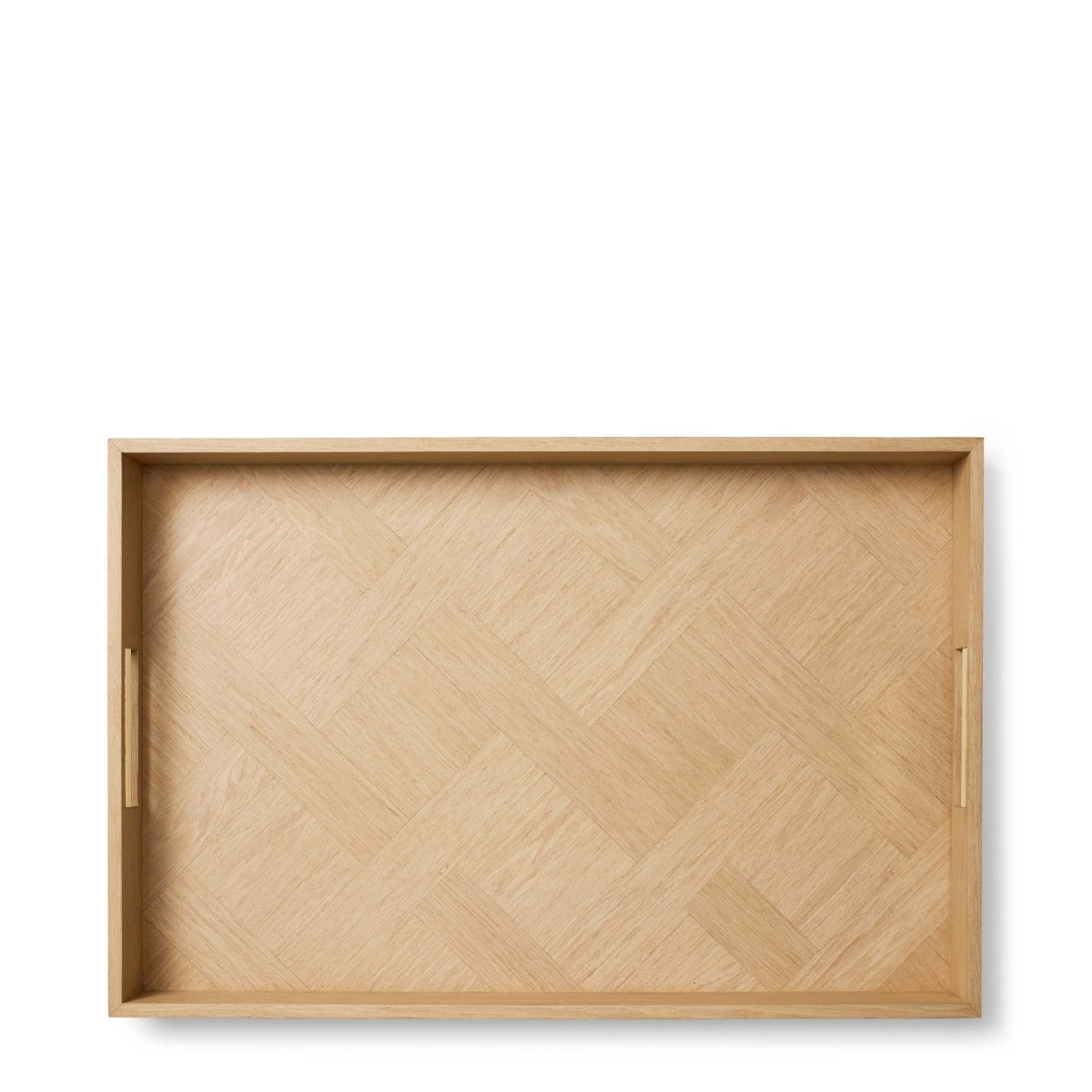 A rectangular wooden serving tray with a light natural wood frame and a herringbone-patterned wooden interior, shown against a plain white background.