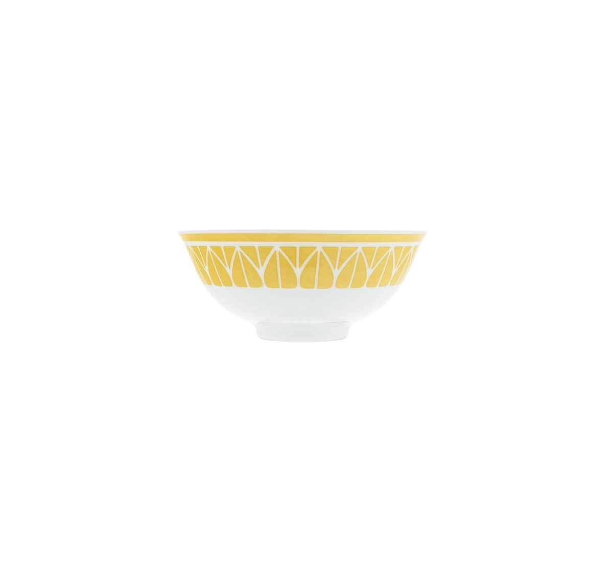 White bowl with yellow geometric pattern on a green background