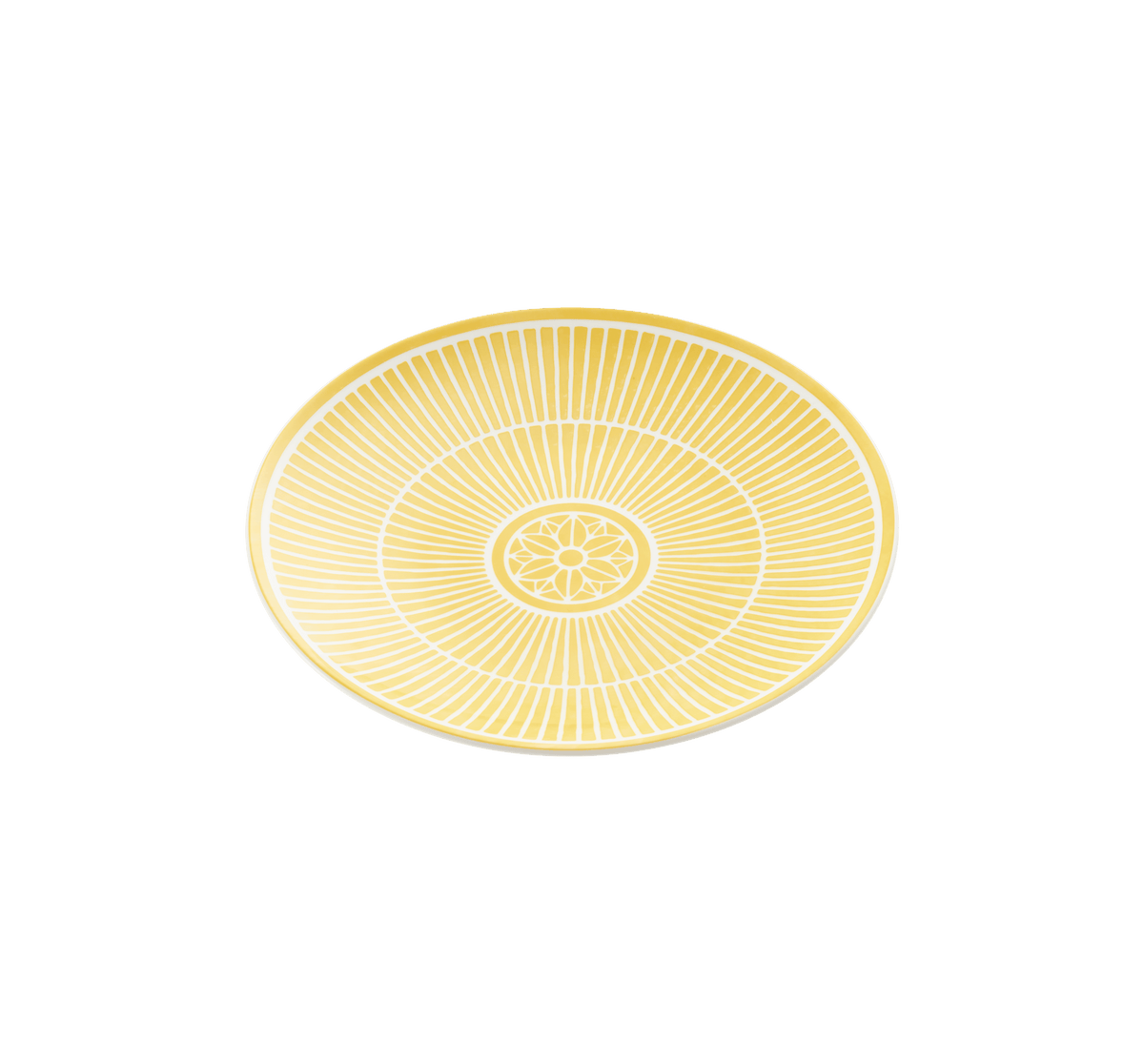 Yellow decorative plate with a circular design on a green background