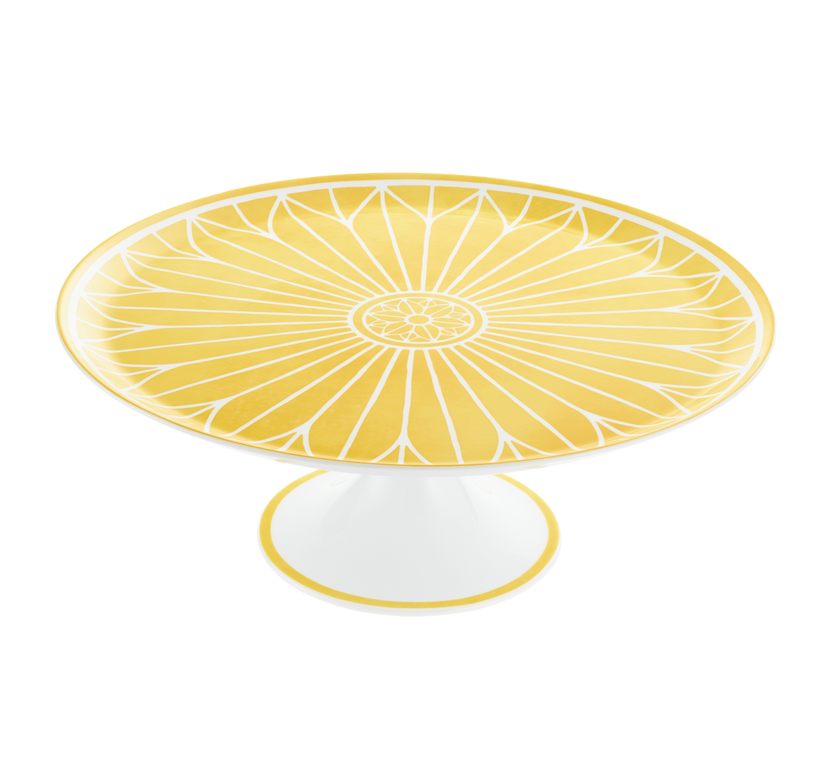 Yellow cake stand with sunburst pattern on a white background