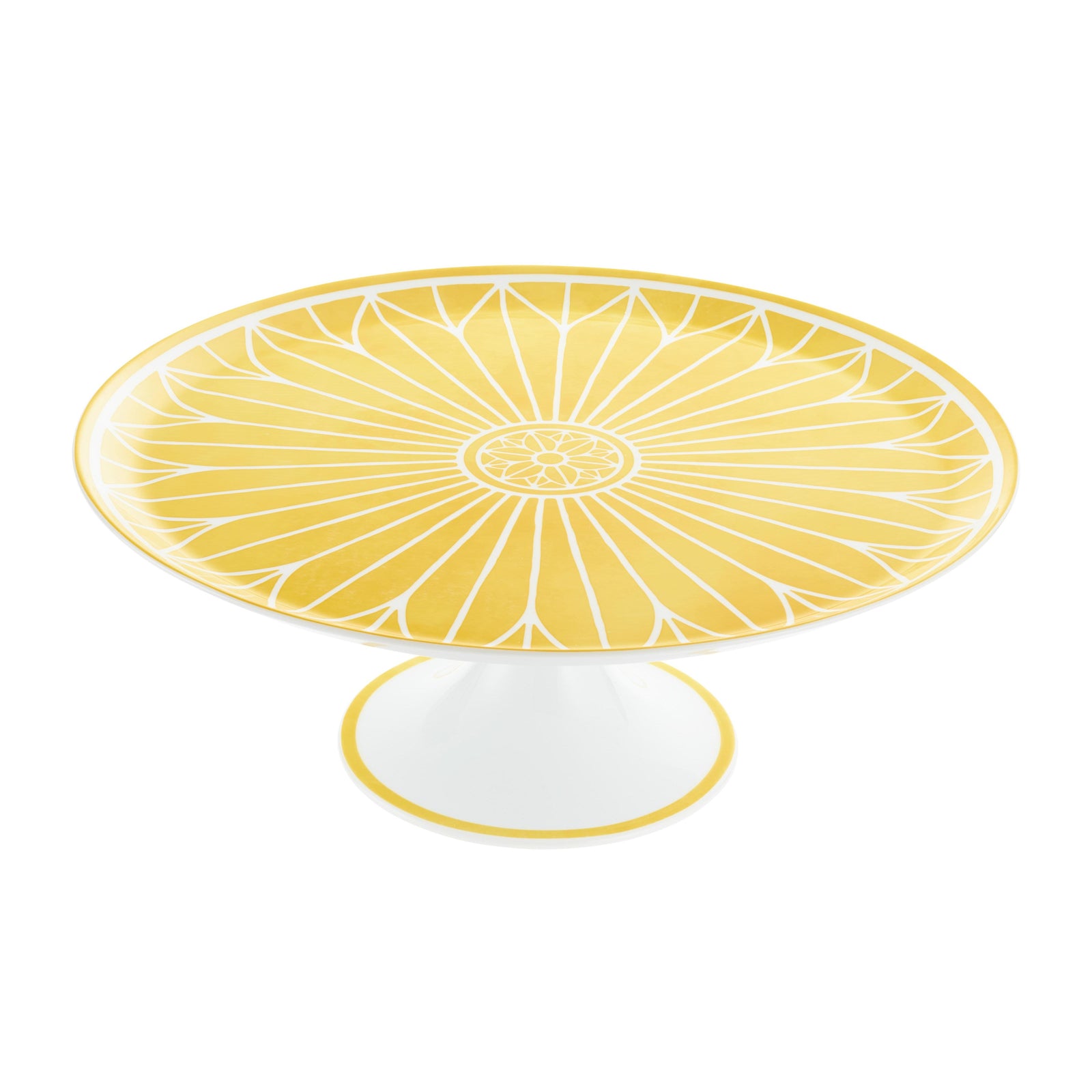 Yellow cake stand with sunburst pattern on a white background