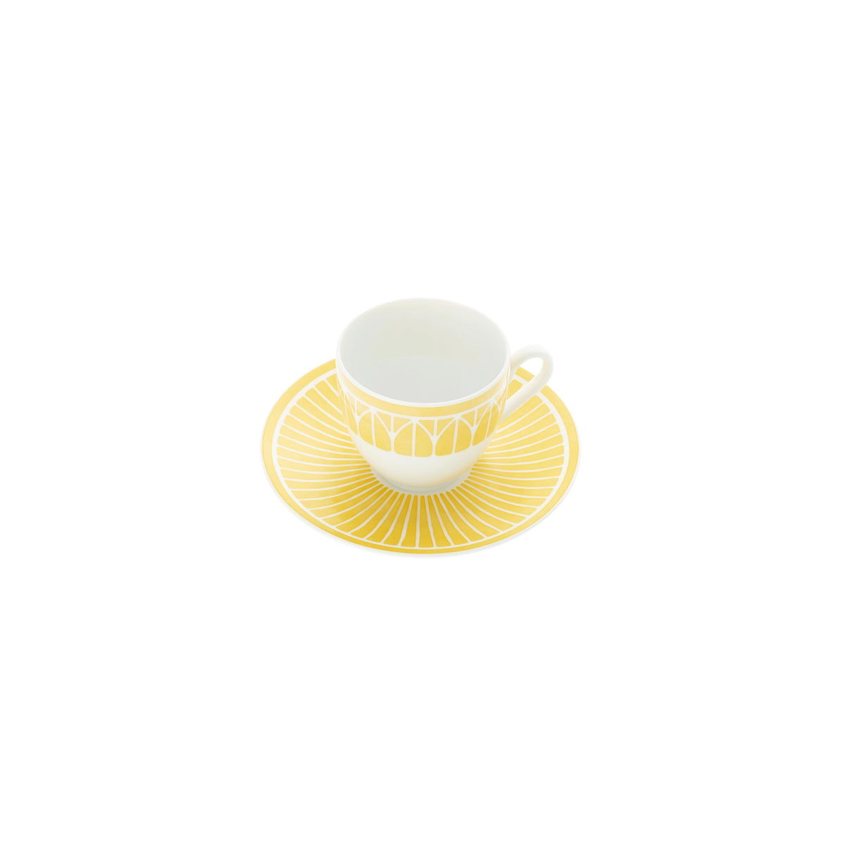White teacup with yellow interior on a matching saucer against a green background