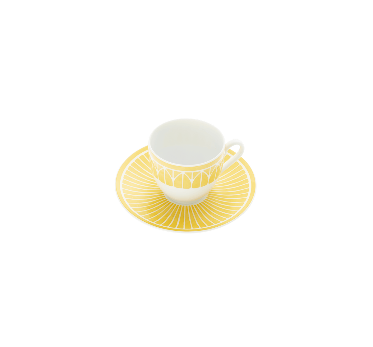 White teacup with yellow interior on a matching saucer against a green background