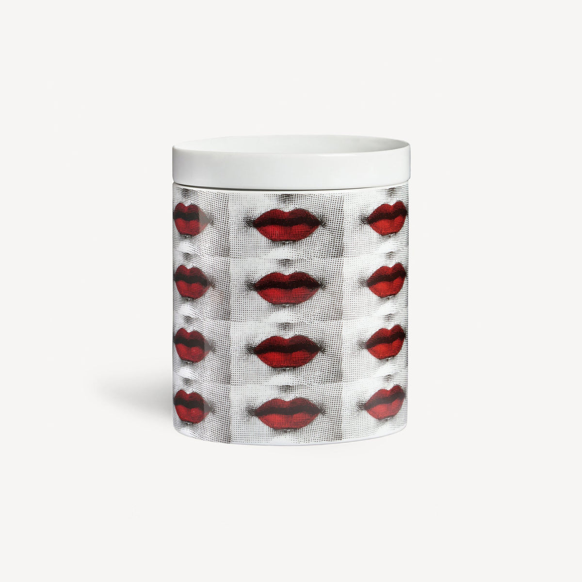 Cylindrical container with red lips pattern on a white background