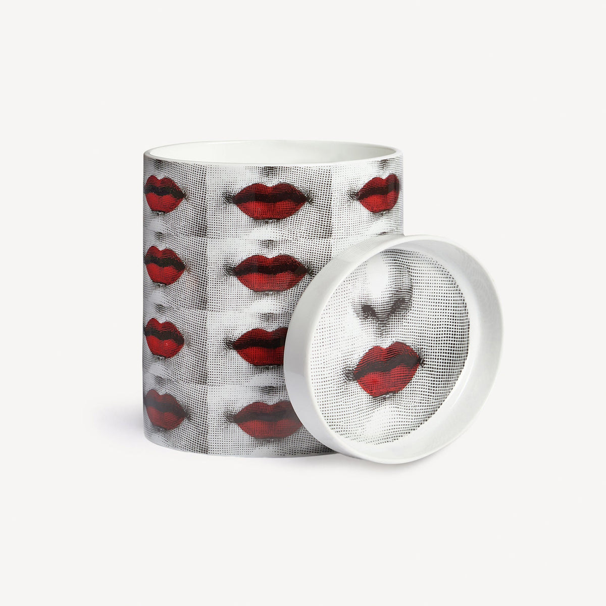 Tea infuser with red lips pattern on a white background