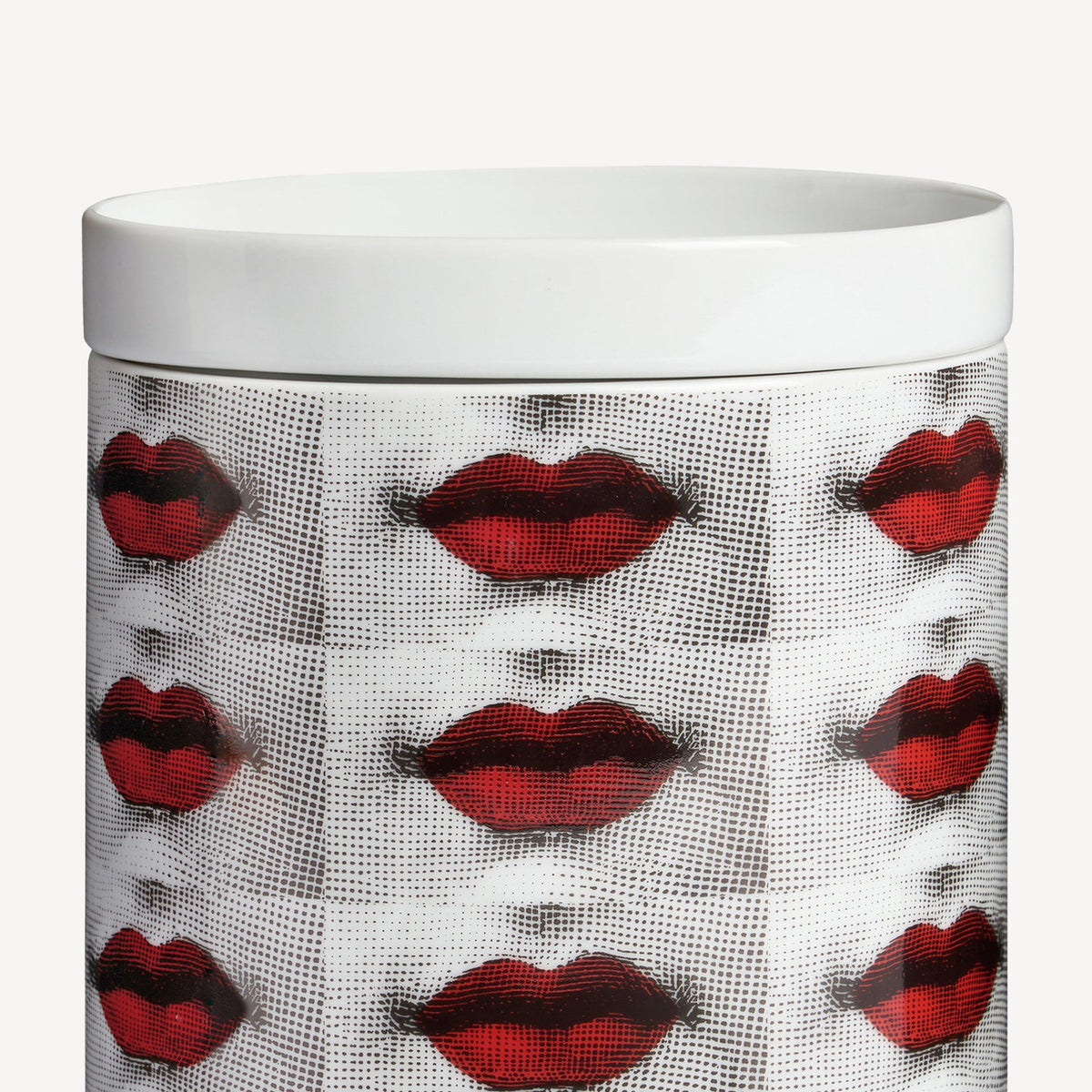 White mug with red lip pattern on a white background