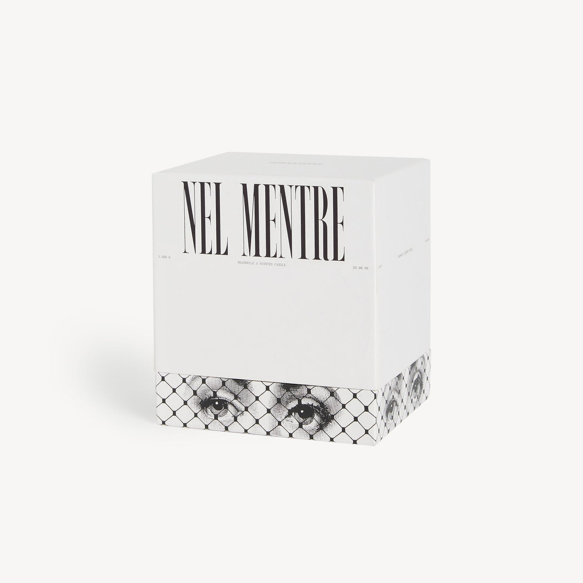 Product packaging with 'Nel Mentire' text and black and white eye design on a white background