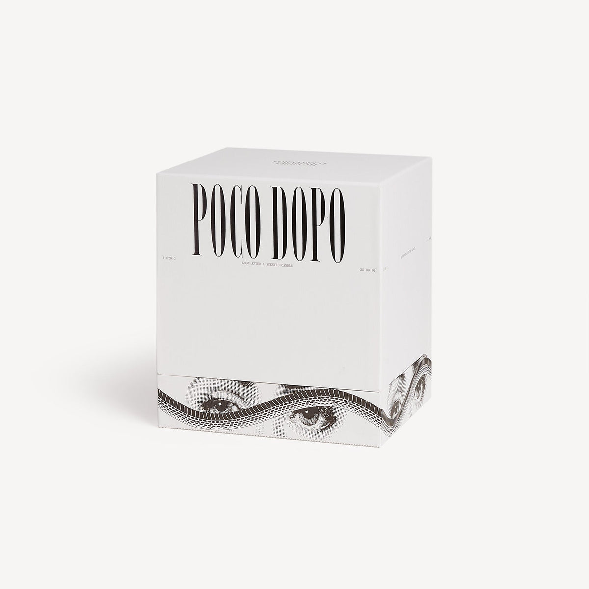 White box with 'Poco Dopo' text and eye design on a white background