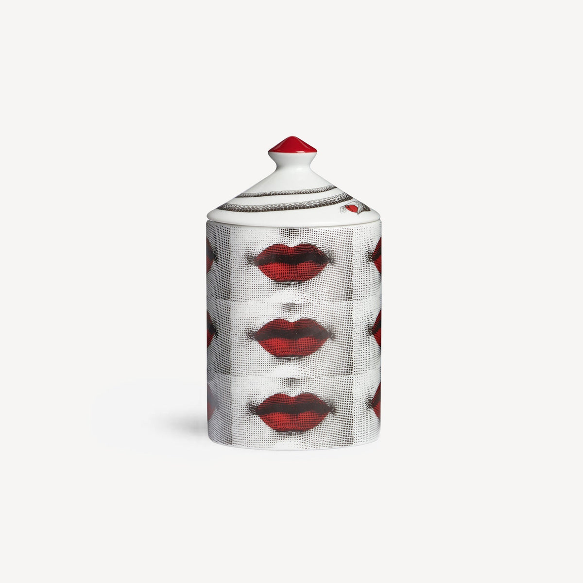 Decorative jar with red lip design on a white background