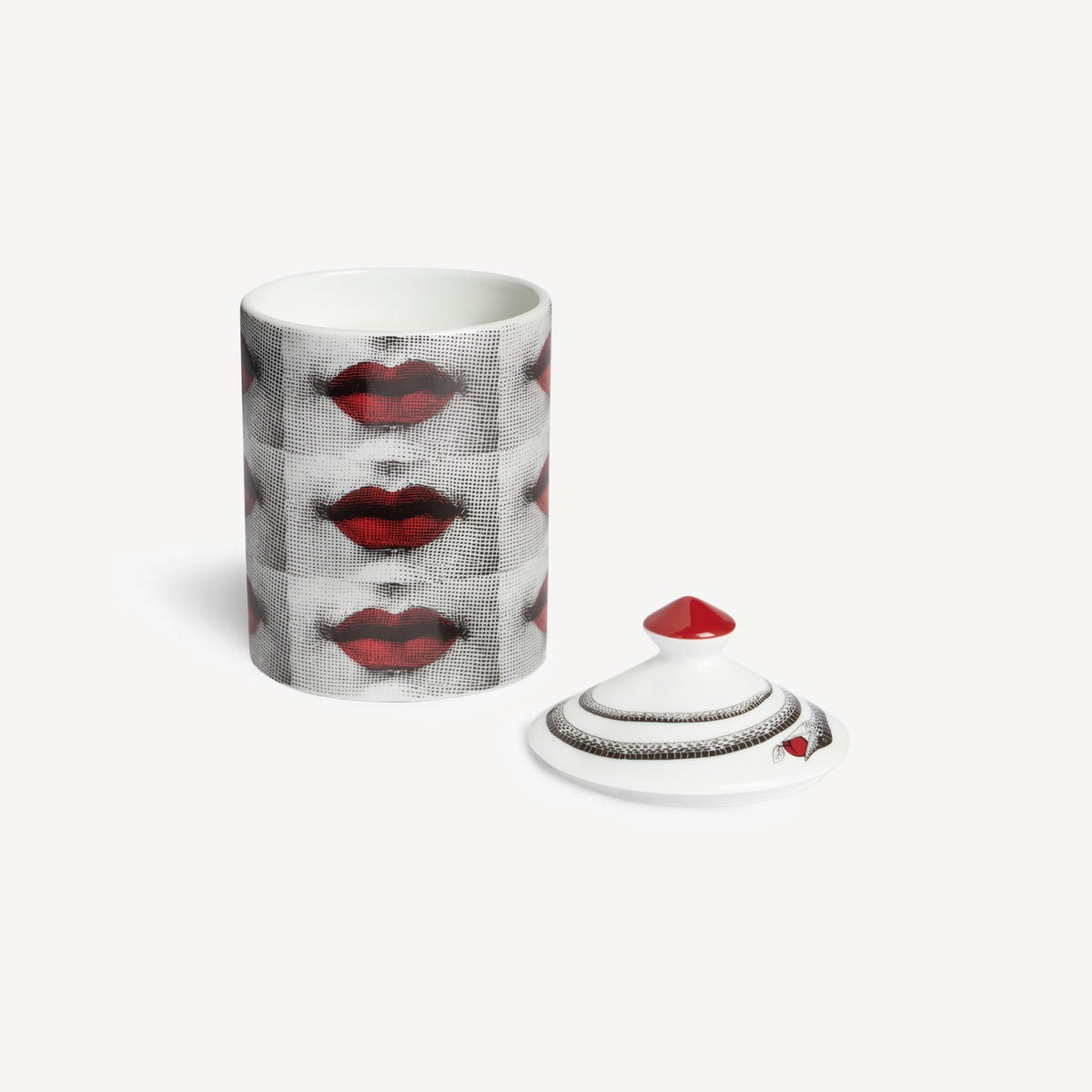Ceramic mug with red lip design and matching coaster on a white background