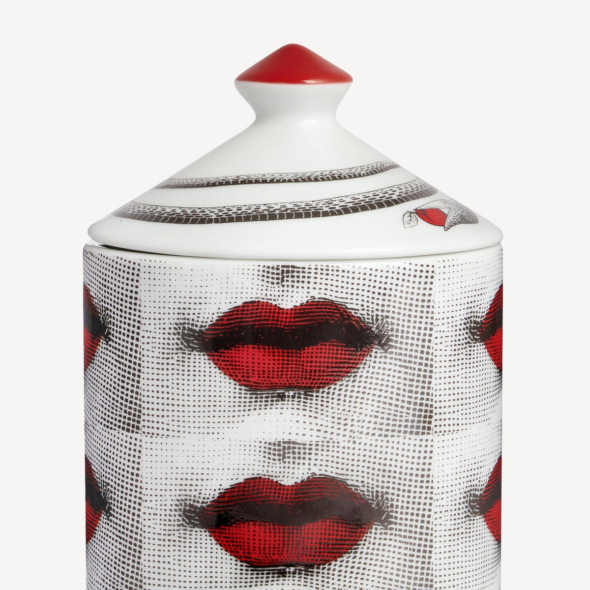 Decorative jar with red lips pattern on a white background