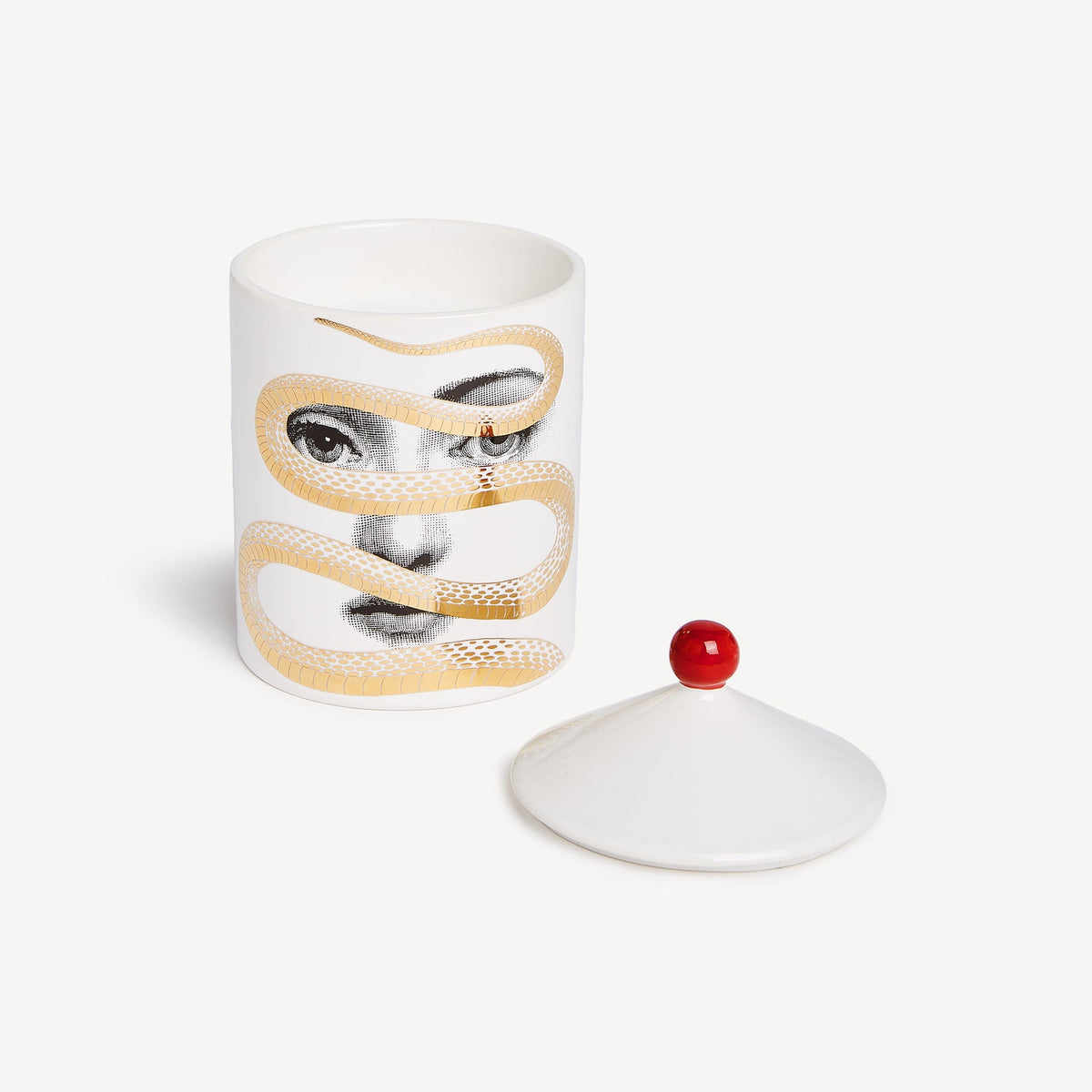 Ceramic jar with snake design and red lid on a white background