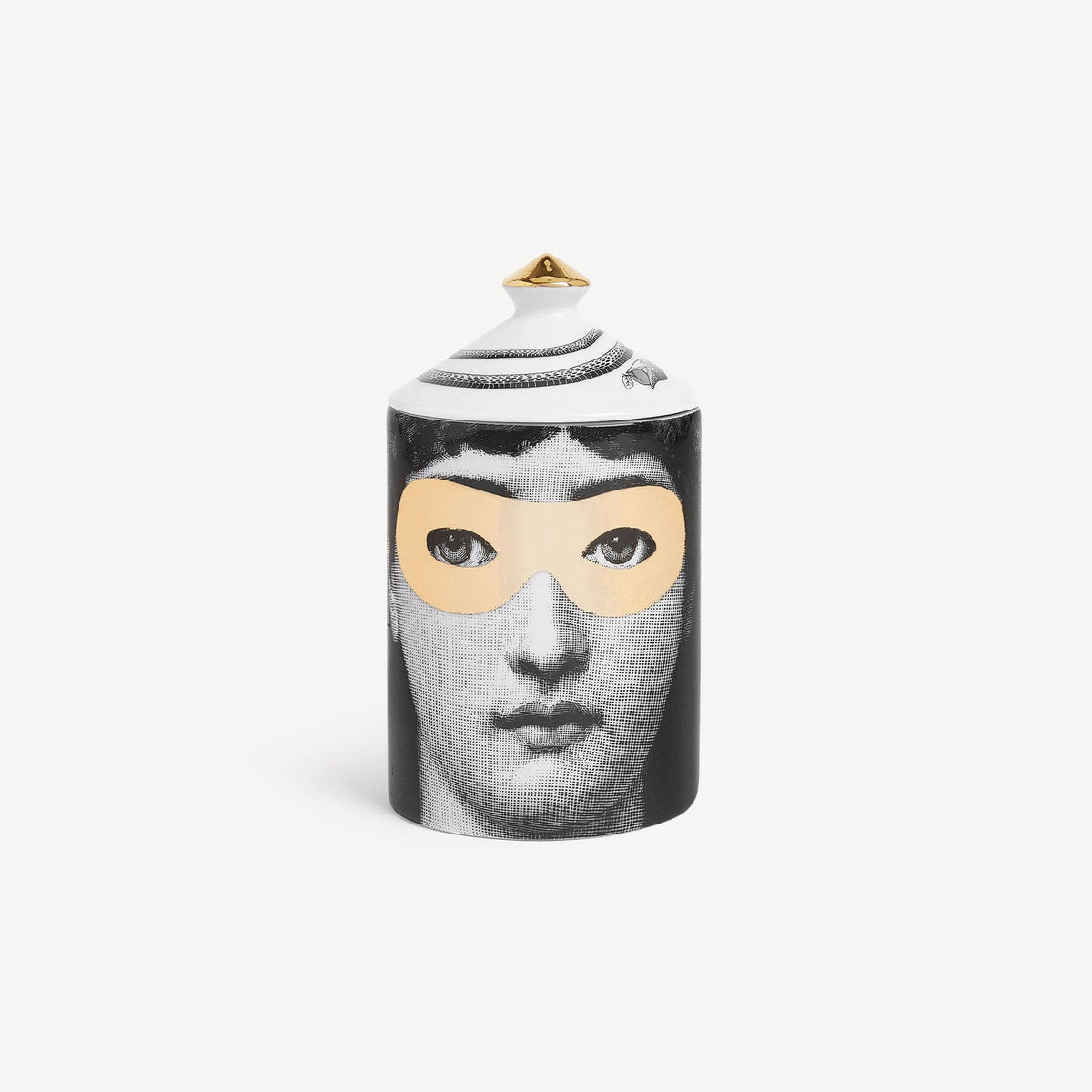 Decorative vase with a face design and gold accents on a white background