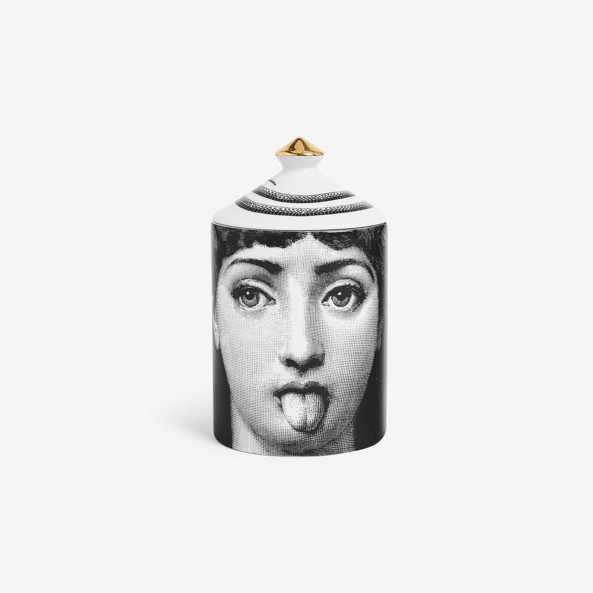 Decorative jar with a face design on a white background