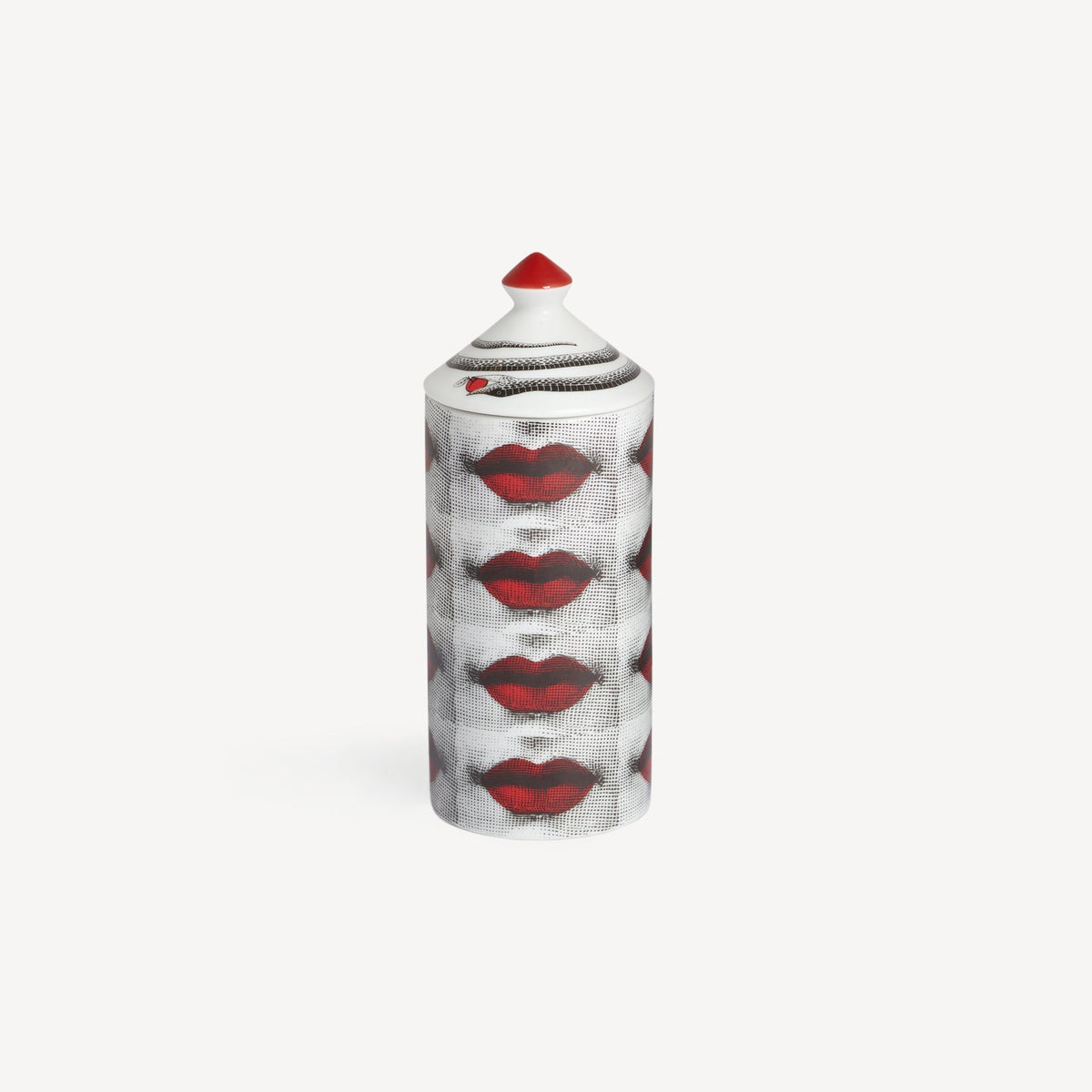 Spray paint can with red lips design on a white background