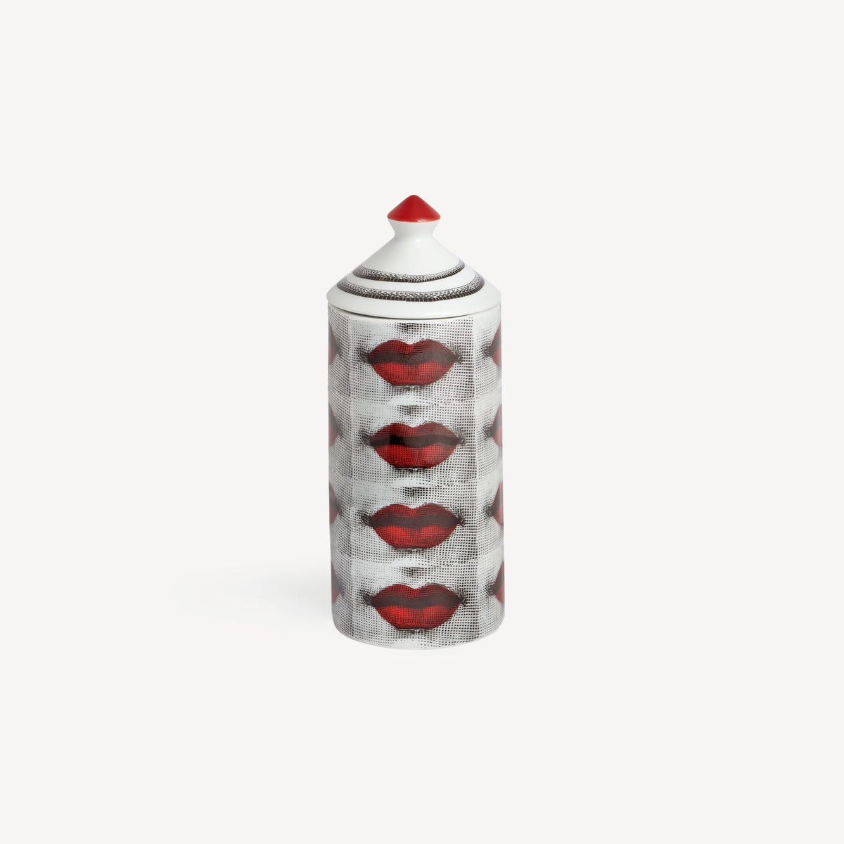 Spray can with red lips design on a white background