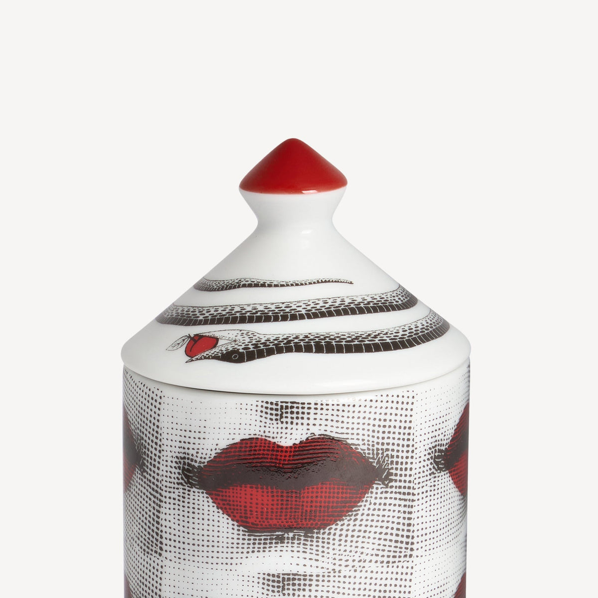 Decorative jar with red lips and a red cap on a white background