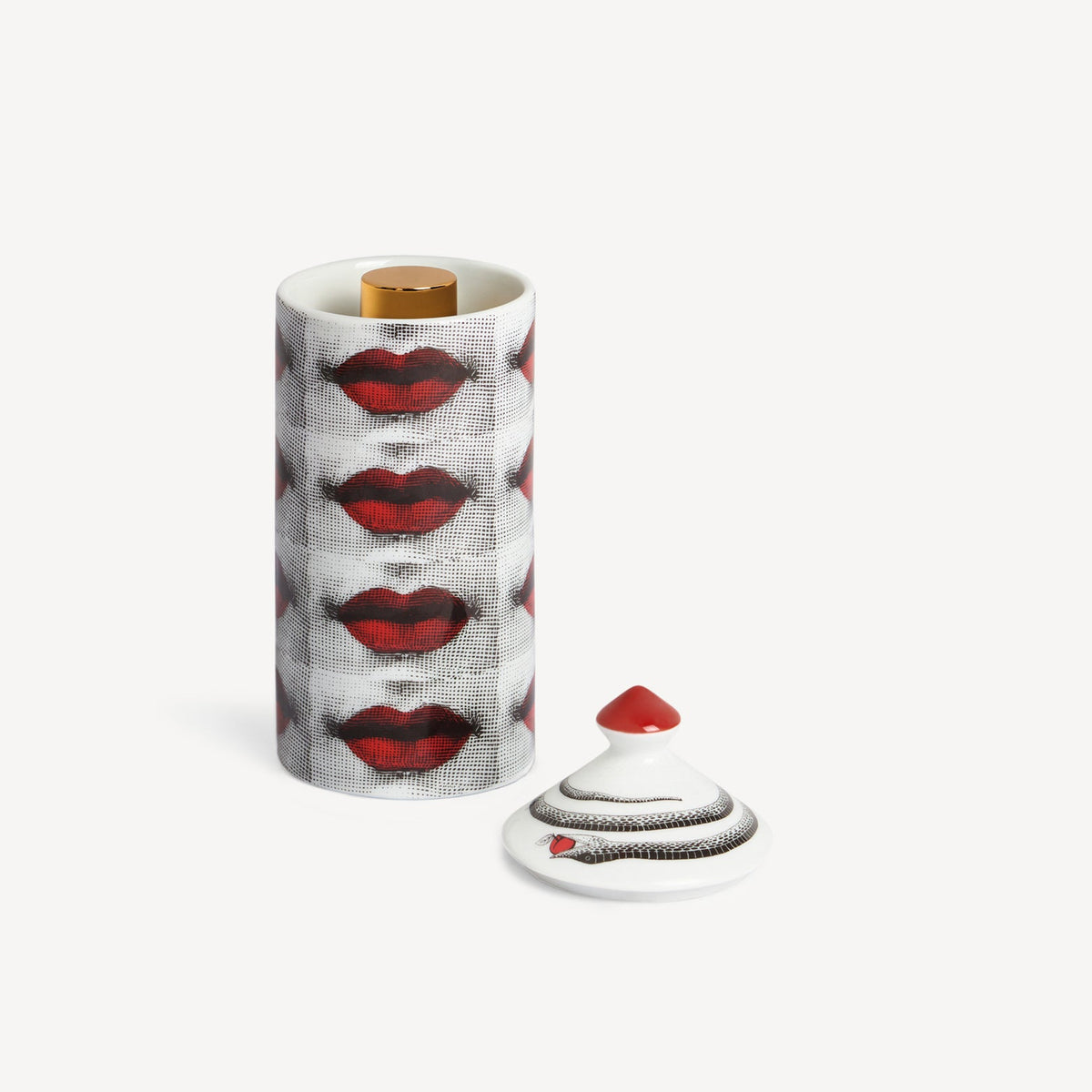 Decorative container with red lips design on a white background