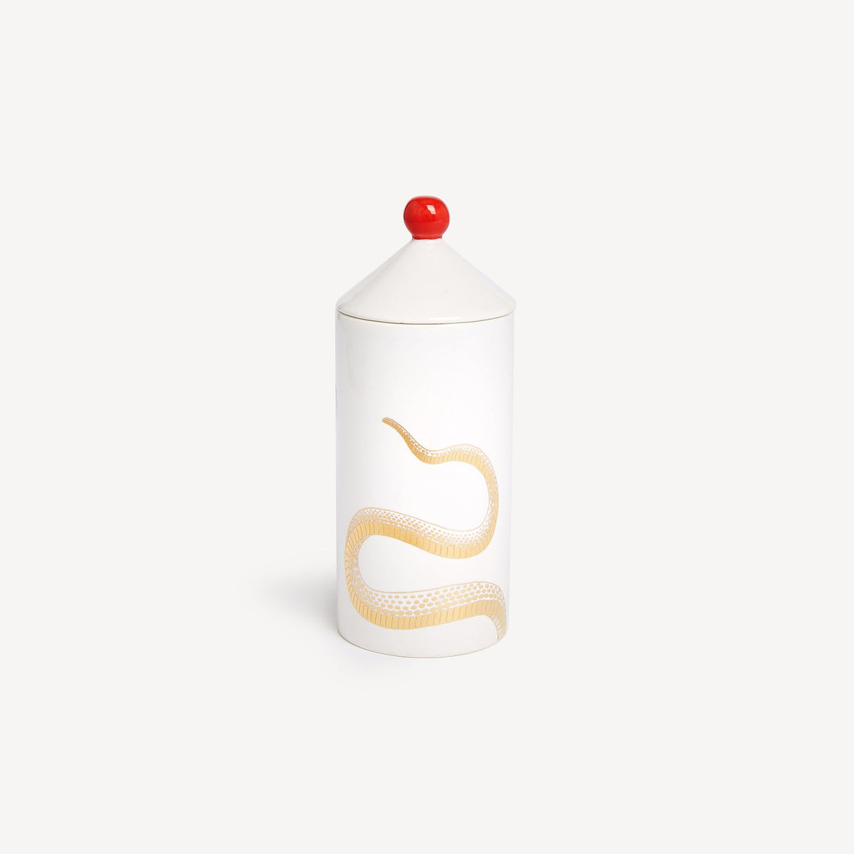 Cylindrical container with a red cap and snake design on a white background