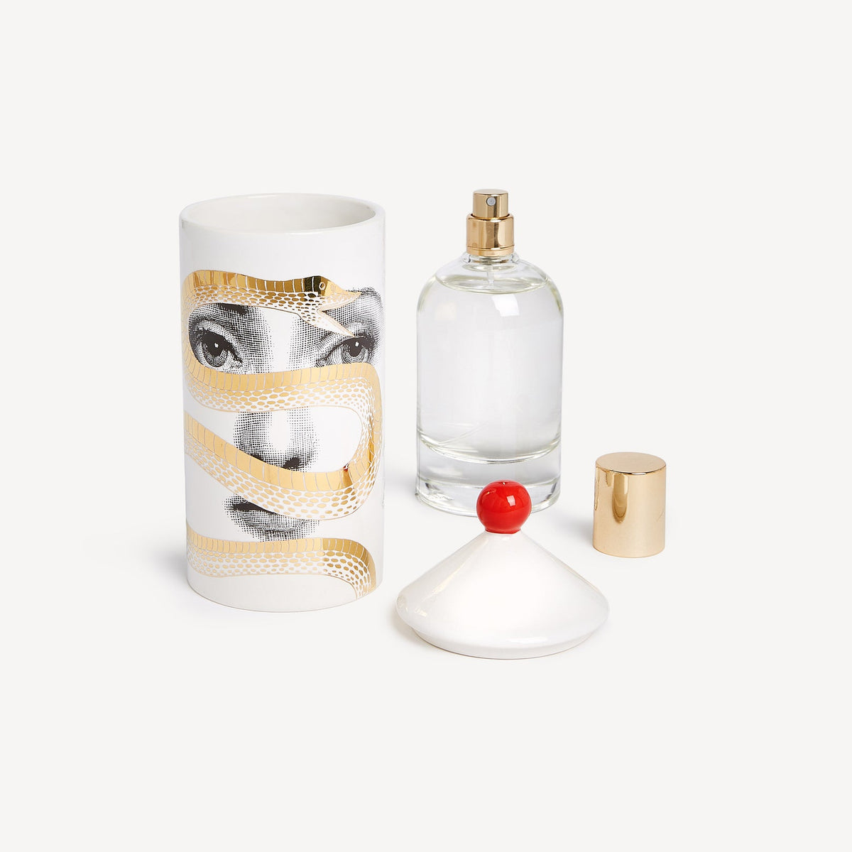 Perfume bottle with a cylindrical container featuring a face design on a white background
