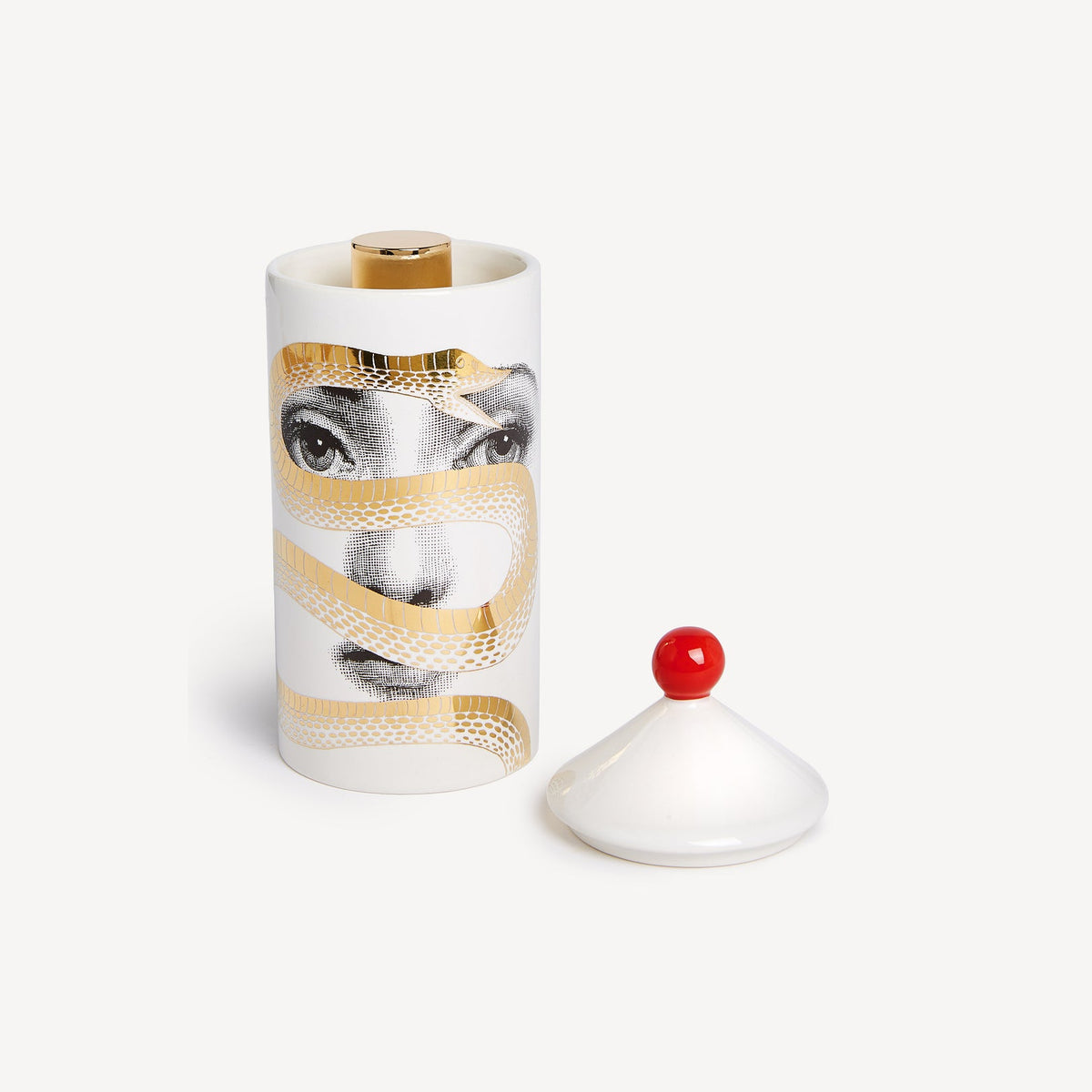 Cylindrical container with a lid featuring a face design on a white background
