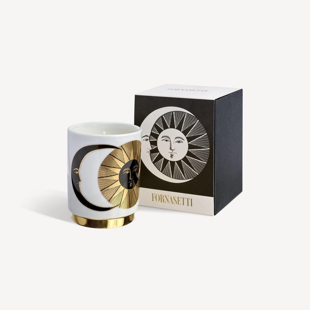 White mug with gold accents and black box featuring a sun design on a white background