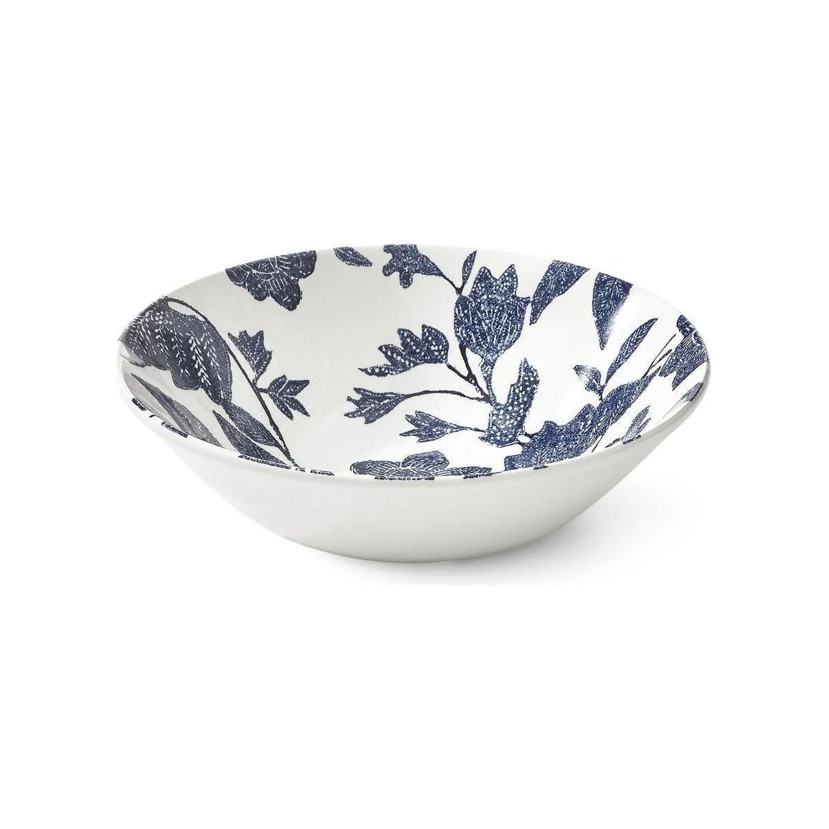 A white ceramic bowl with a blue floral toile pattern, shown from a high angle on a white background.