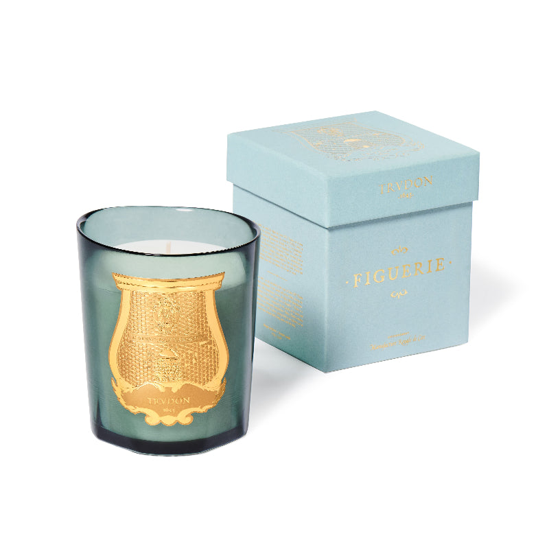Green candle with gold emblem on a white background