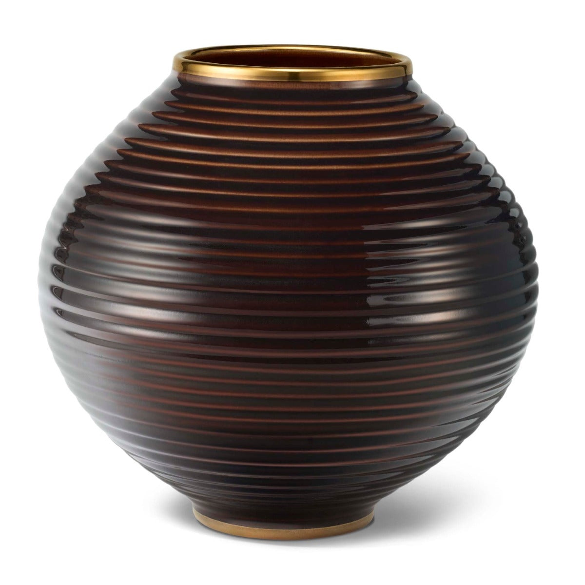 A glossy dark brown ribbed ceramic vase with a gold-toned rim and base, shown on a clean white background.