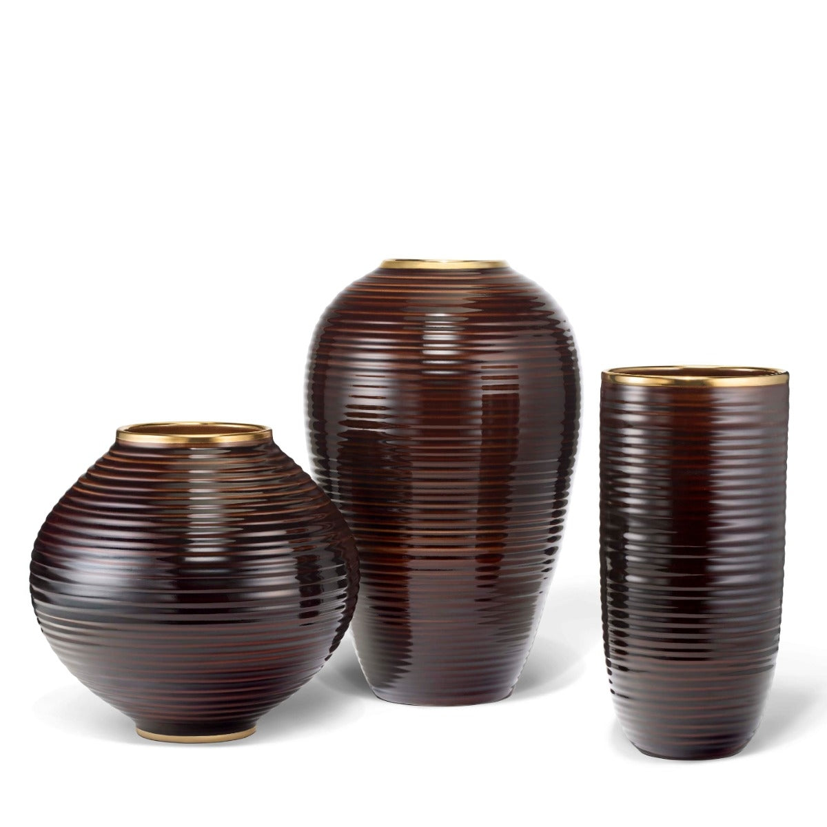 A glossy dark brown ribbed ceramic vase with a gold-toned rim and base, shown on a clean white background.