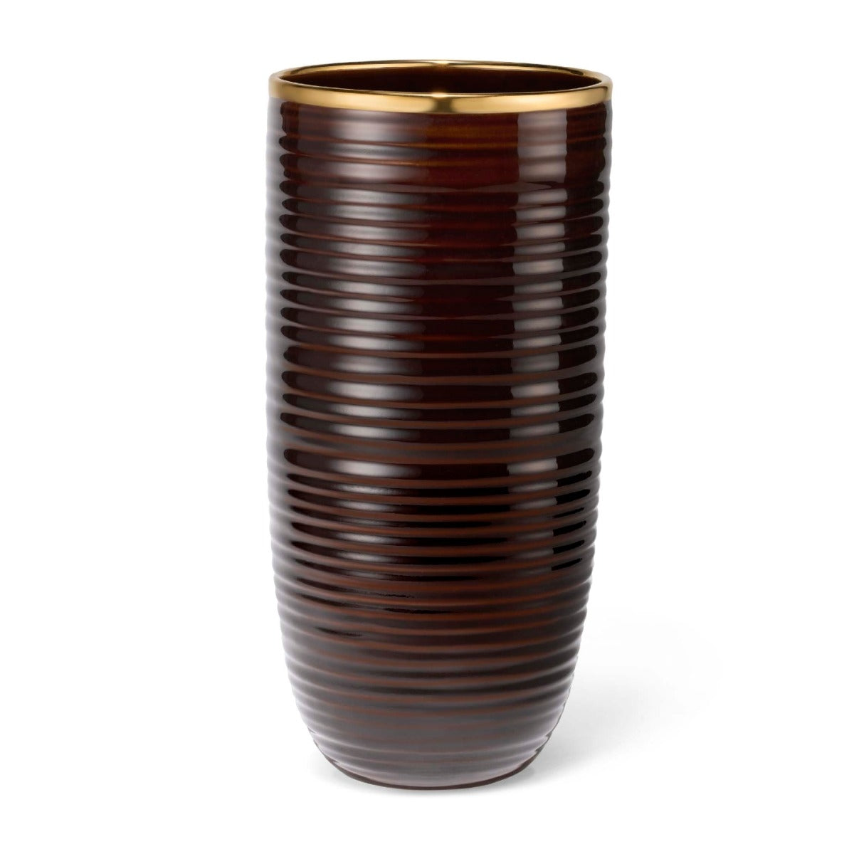 A tall, ribbed ceramic vase in a glossy dark brown finish with a contrasting gold rim, shown against a plain white background.